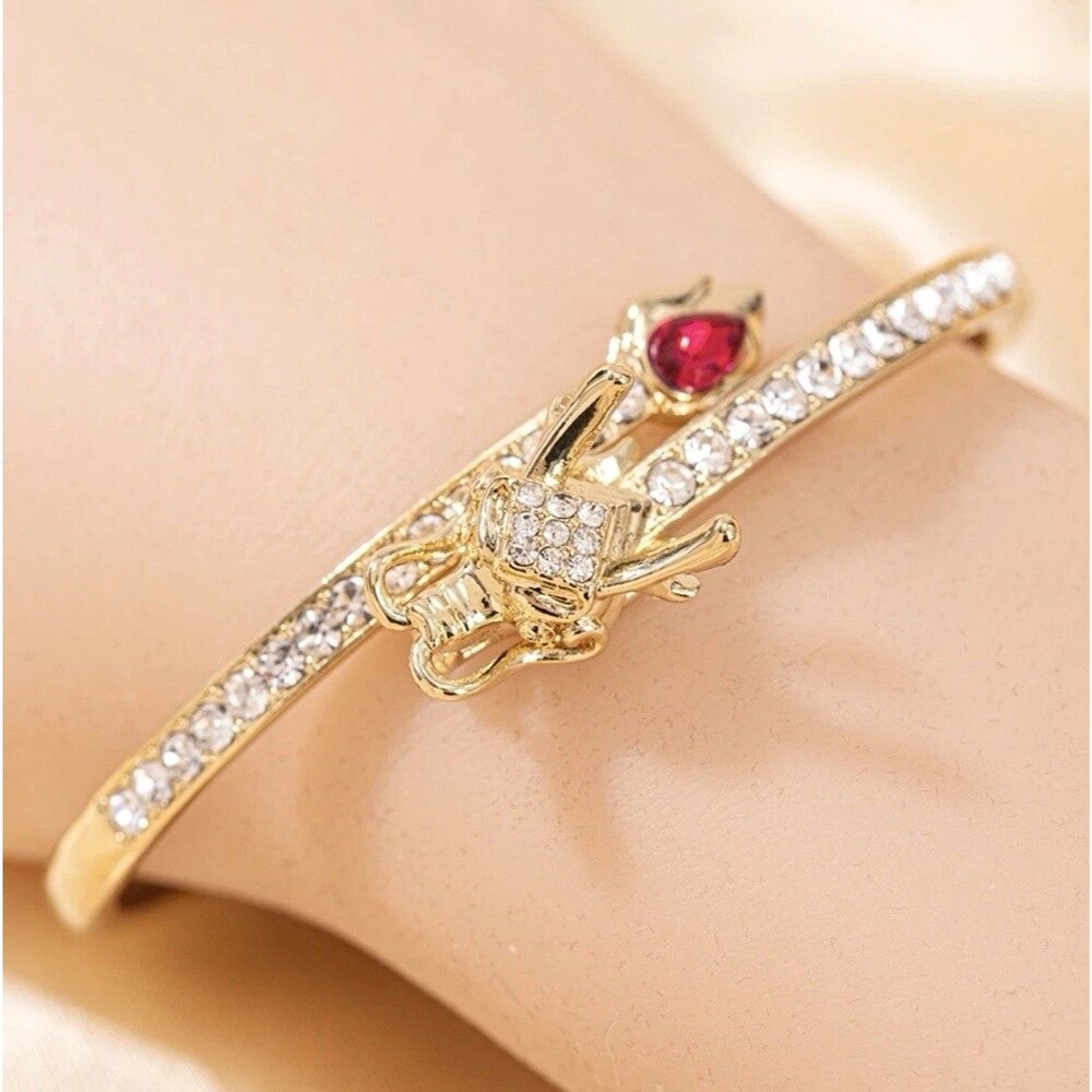 Gold Dragon Hinged Bangle Bracelet Red Crystal Rhinestone Statement NEW